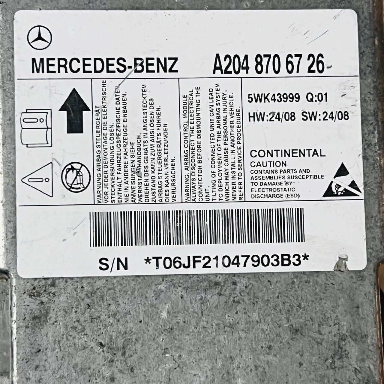 2008 Mercedes-Benz C63 AMG W204 Airbug Control Module - A2048706726 / 5WK43999